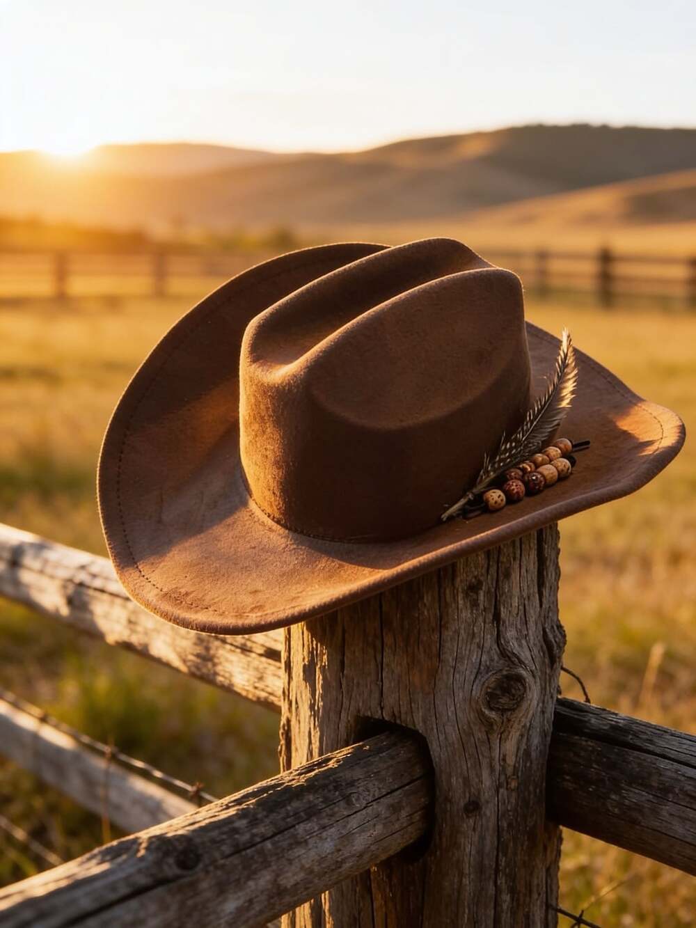 Brown Boho Western Cowboy Hat with beads and feather